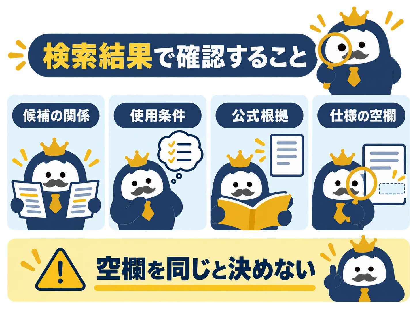 型番探偵の検索結果で候補関係・使用条件・公式根拠・仕様空欄を確認する図