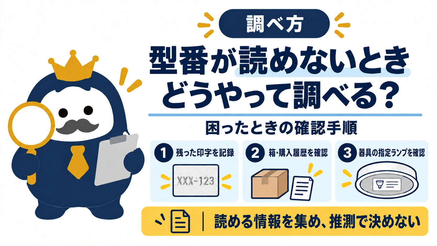 薄れた型番の印字・箱や購入履歴・器具の指定ランプを並べ、推測せず情報を集める図