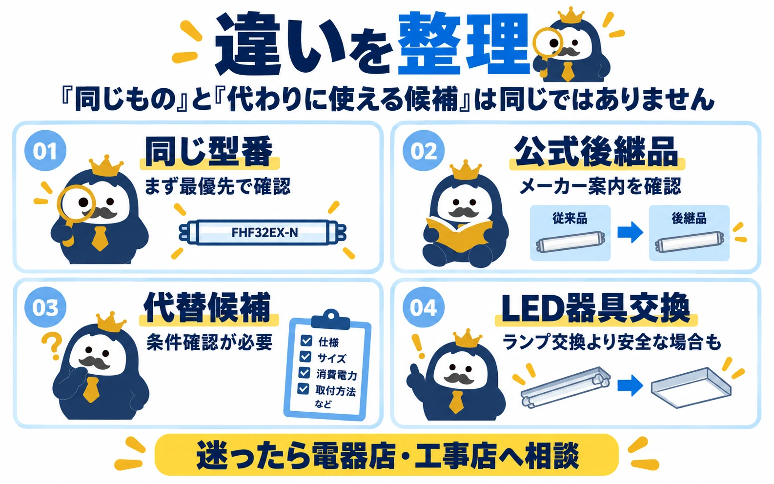 同じ型番・公式後継品・代替候補・LED器具交換の違いを整理した図