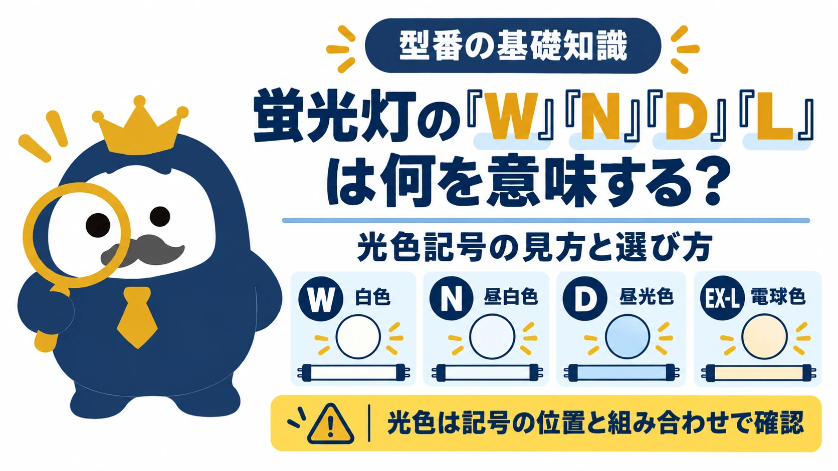 直管蛍光灯と光色の見本を並べ、W白色・N昼白色・D昼光色・EX-L電球色を比較する図