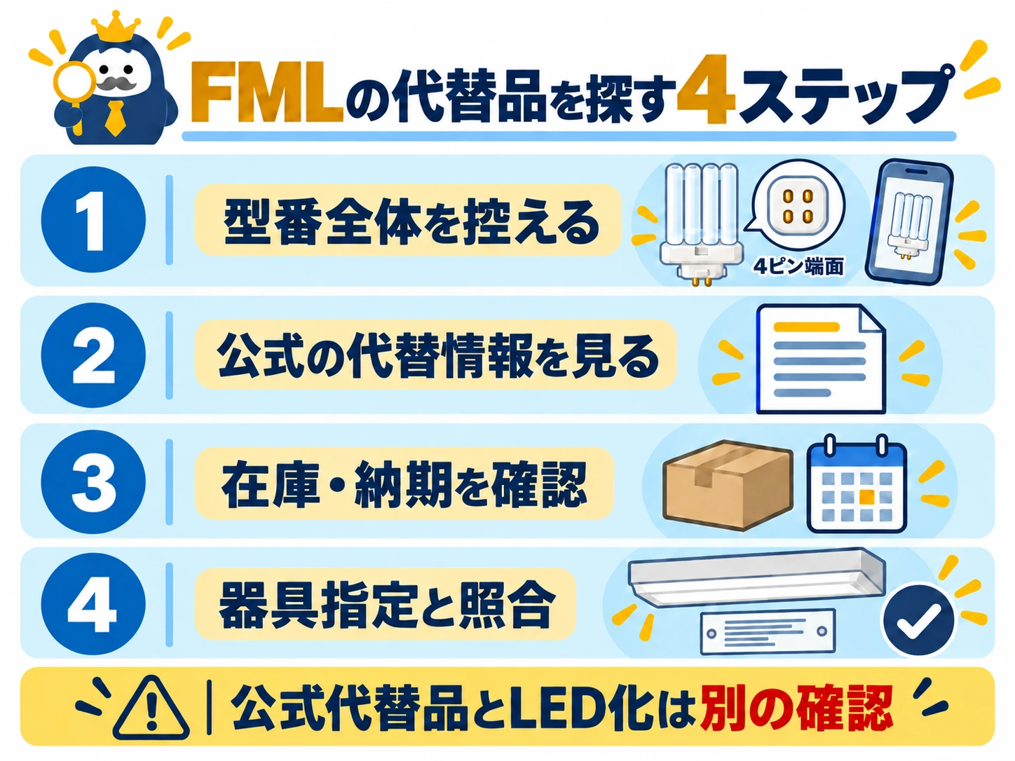 FML蛍光灯の代替品を探す4ステップを示した図