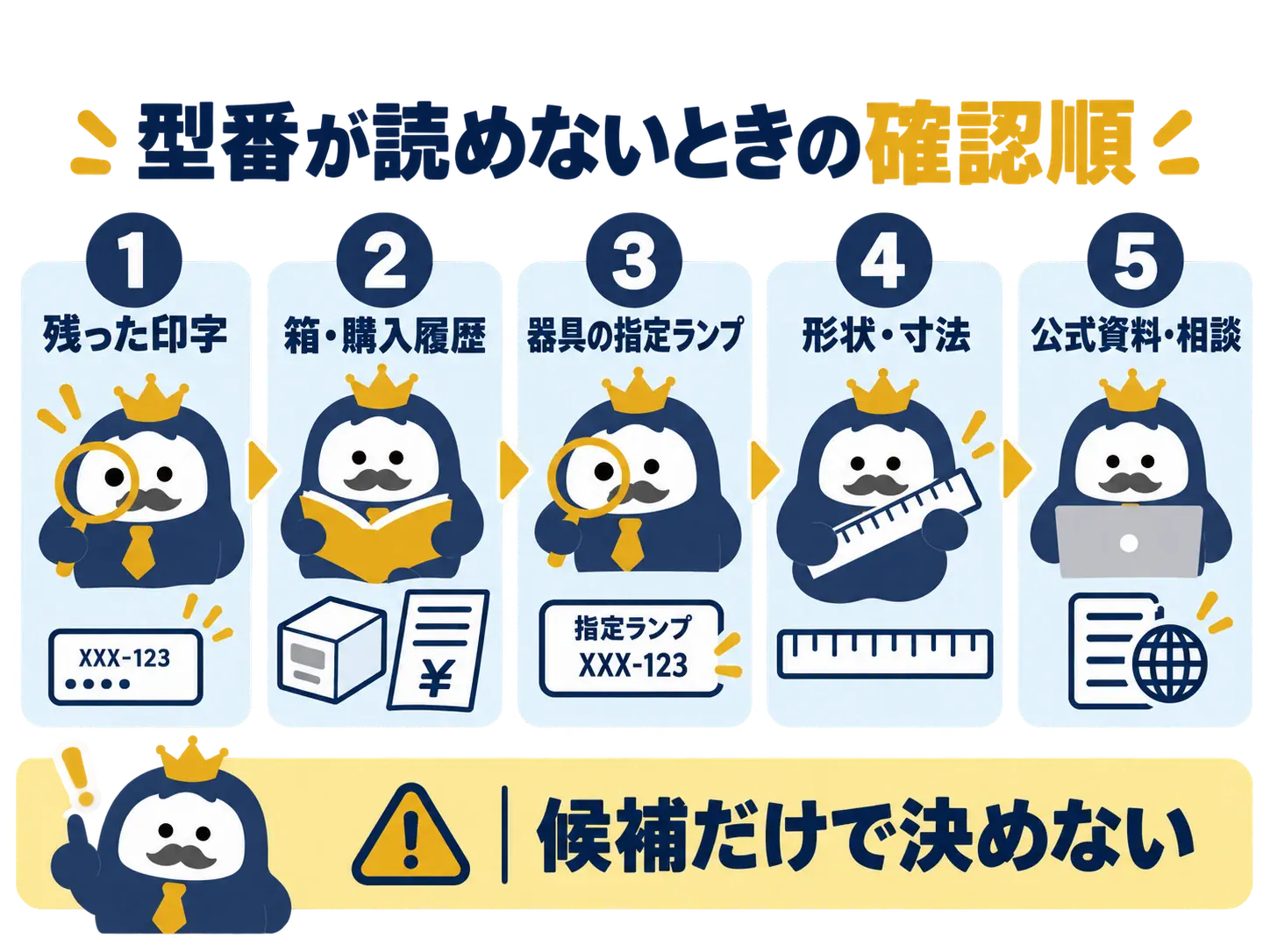 蛍光灯の型番が読めないとき残った印字・購入履歴・器具・公式資料を順に確認する図