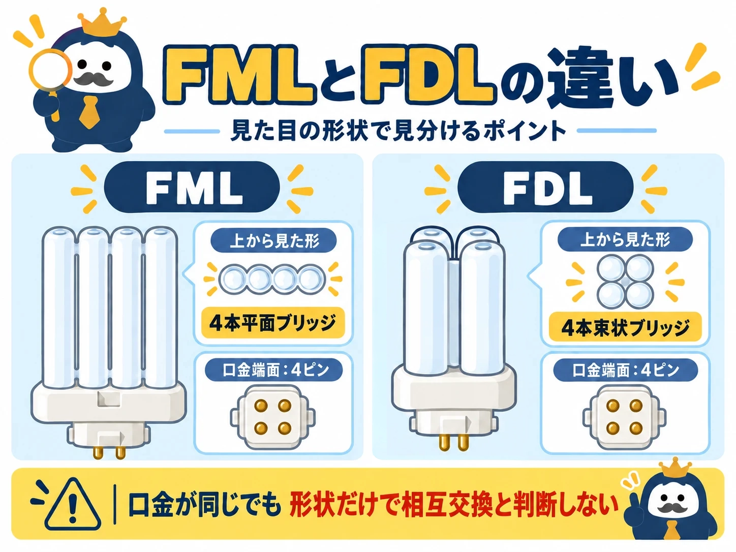 4本平面ブリッジのFMLと4本束状ブリッジのFDLの形状と、共通の口金GX10q-4を比べた図