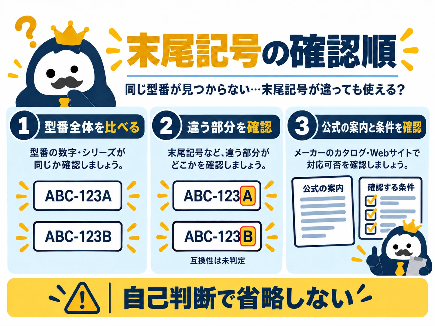 末尾記号が異なる型番を比較し、差分とメーカー公式の案内・使用条件を確認する手順