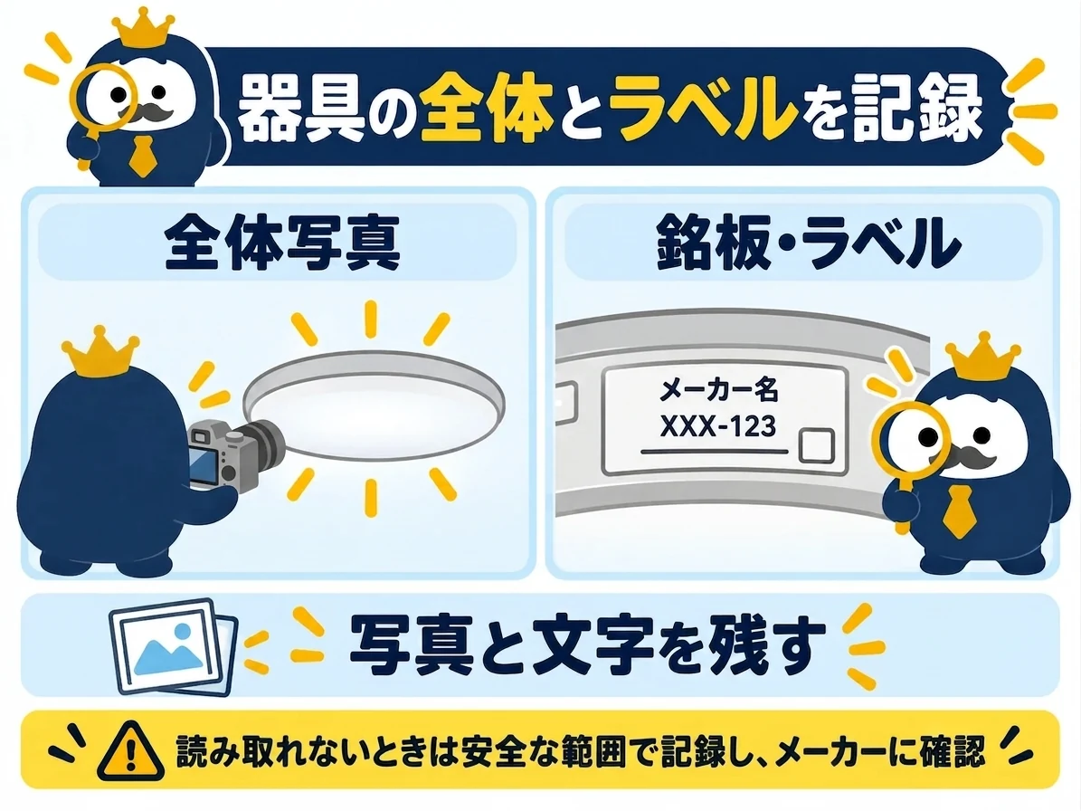 照明器具の全体写真と銘板・ラベル情報を記録する図