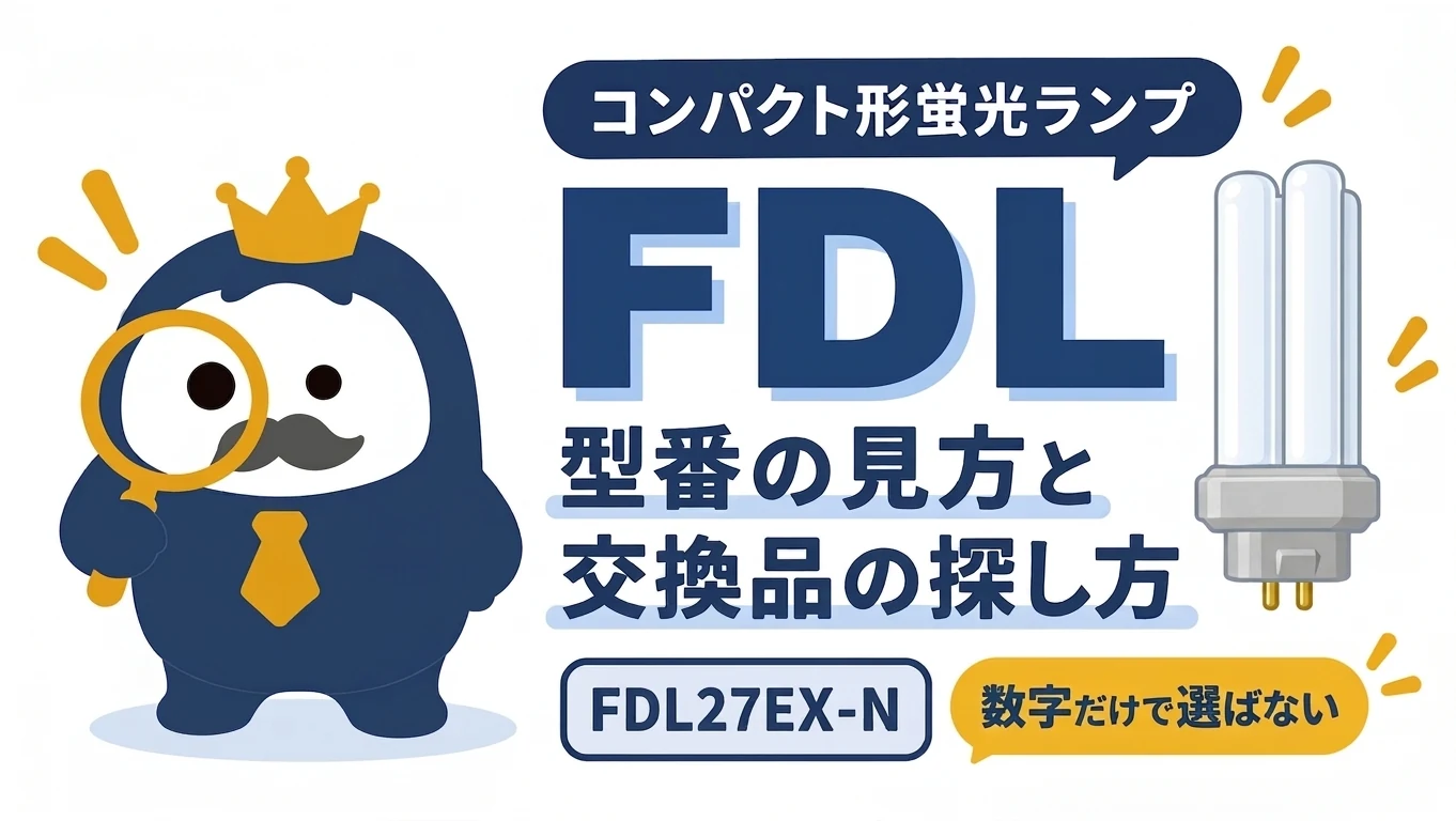 FDL27EX-Nを例に、4本束状のFDL蛍光灯と型番全体を確認する注意点を示す図